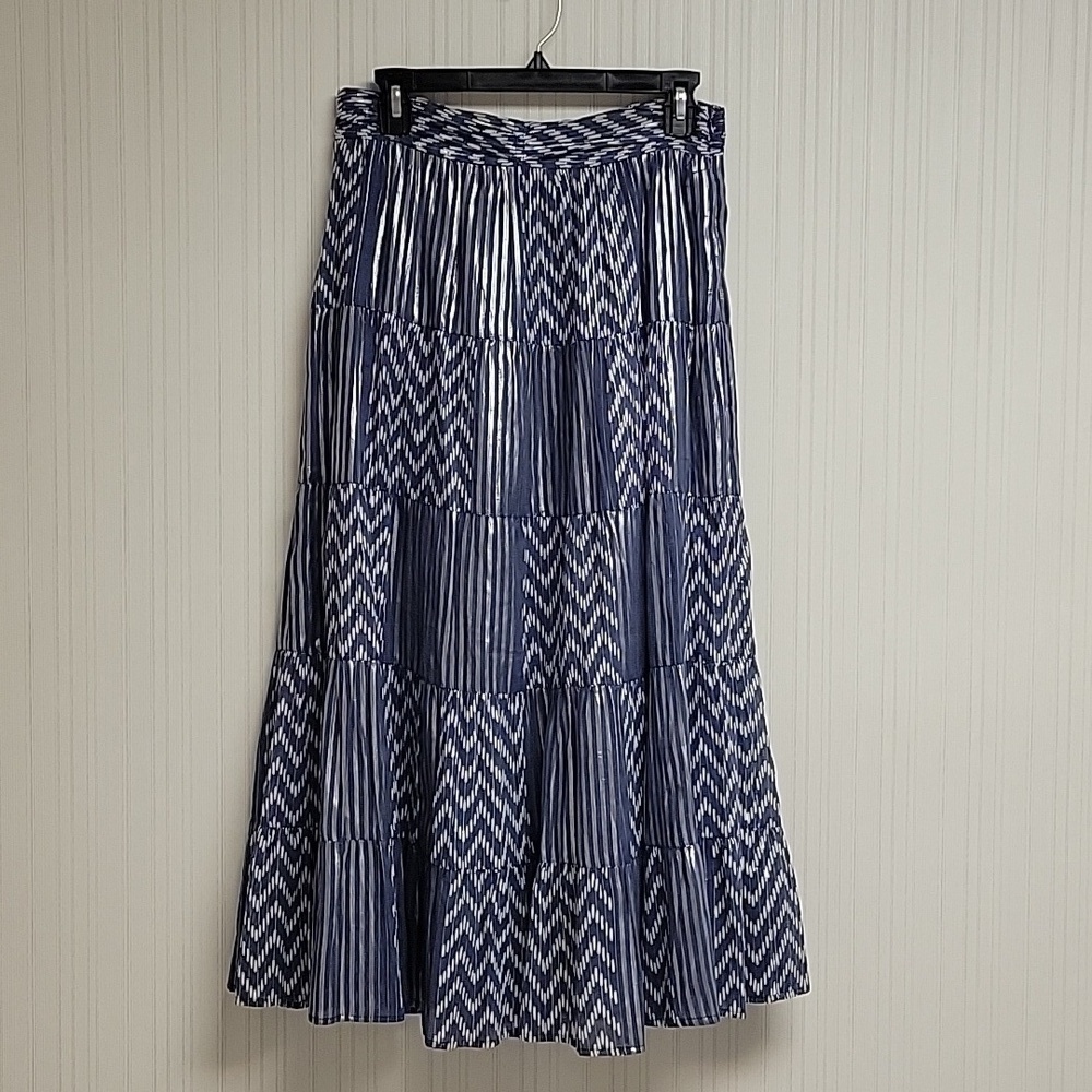 Soft Surroundings metallic blue silver ankle length skirt lined PXS New boho